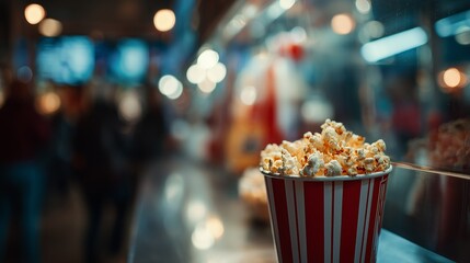 Big popcorn bucket at busy theater concession stand, capturing the excitement of movie nights with a blurred background.
