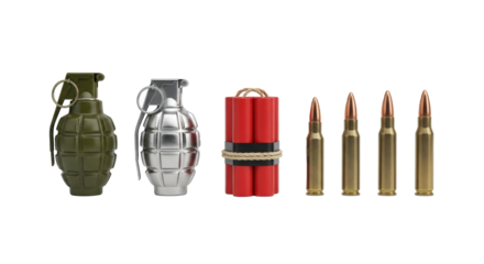 Essential arsenal featuring a classic fragmentation grenade, a sleek metallic grenade, potent sticks of dynamite, and precise rifle cartridges, ready for action.
