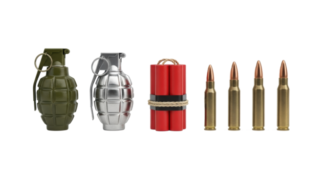 Essential arsenal featuring a classic fragmentation grenade, a sleek metallic grenade, potent sticks of dynamite, and precise rifle cartridges, ready for action.