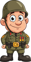 Cartoon soldier with a smile and medals. Army, military, war, patriotism, character, illustration