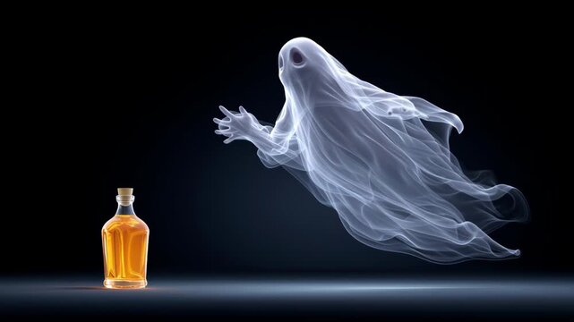 Ethereal ghost figure emerging from dark background, reaching towards a glowing amber potion bottle, creating a mystical atmosphere that evokes themes of the supernatural and the unknown