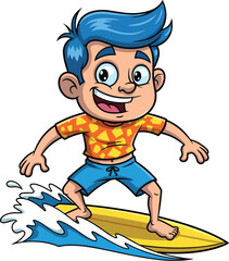 Boy is surfing, having fun. Cartoon style. Summer activity, water sport, lifestyle, recreation, vacation, youth, fun, beach, wave