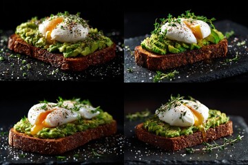Four artistic shots of avocado toast topped with poached eggs, seasonings, and herbs