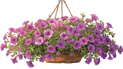 A full shot of a hanging basket filled with numerous purple petunia flowers.  The petunias are densely clustered, creating a full and lush display. The basket is brown, seemingly made of woven