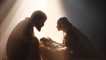 Joseph and mary kneeling near jesus in in a manger, illuminated by beam, light christ a a nativity scene video 4k - Powered by Adobe