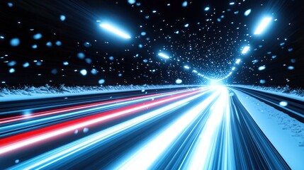 Fototapeta premium Streaking blue, red lights on road, snow-dusted, night, tunnel effect