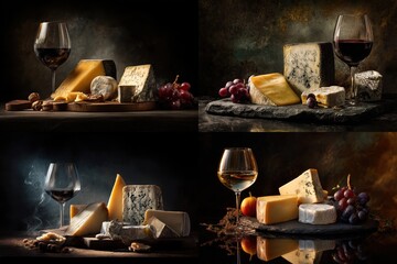 Four still life compositions, each featuring cheese, wine, and grapes against a dark, moody background