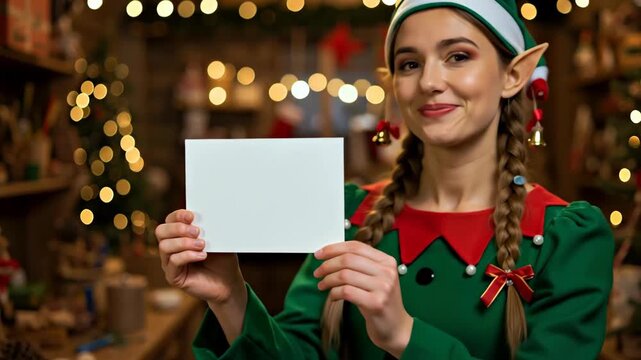 Cheerful female elf with pointy ears holding blank white card in cozy, festive workshop. Christmas greetings. Holiday, magic and winter celebration concept for banner
