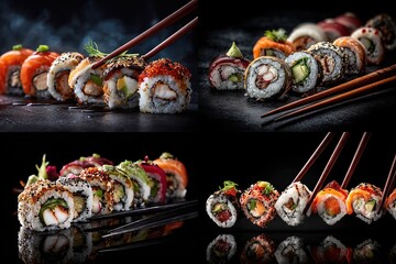 Array of sushi rolls presented on a dark surface with chopsticks