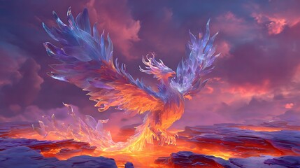 Crystal phoenix ascending from synthetic lava pool beneath neon sky