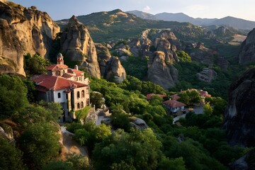 Fototapeta premium Historic Monastery Perched Among Majestic Mountain Pillars