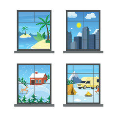 Window icons with landscapes. Summer and winter landscapes. City. View from the window.