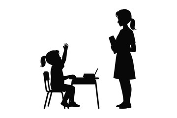 Silhouette of student raising hand in classroom with teacher present