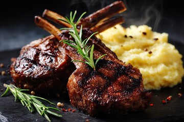Grilled lamb chops with rosemary and mashed potatoes on a dark slate plate