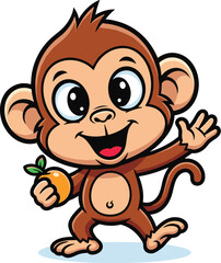 Fototapeta premium Cute monkey holding an orange fruit and waving. Cartoon ape, animal character, cheerful, friendly, happy, wildlife, jungle, happy, mascot, nature