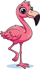 Cartoon flamingo stands, looking to the side. Pink bird, tropical animal, cute character, fun, wildlife