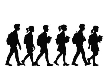 Silhouette of students walking to school with backpacks and books