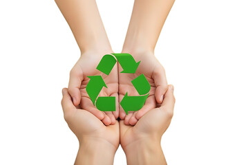 Two pairs of hands gently holding a green recycling symbol isolated on transparent background