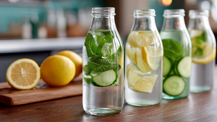 Fototapeta premium Fresh detox water with lemon, cucumber, and mint in glass bottles.