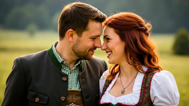 Happy caucasian couple in traditional german outfits smiling at each other outdoors. Love and relationship. Oktoberfest, festival and bavarian culture concept for banner