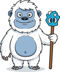 Cartoon yeti holds club with blue monster head. Fantasy character, snowy creature, mythical beast, mascot, fairytale