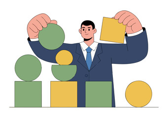 Modern Vector Illustration of Smiling Businessman in Blue Suit Interacting with Abstract Geometric Shapes Representing Team or Structure on White Background