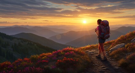 Obraz premium Mountain Trail Sunset: Hiker's Perspective