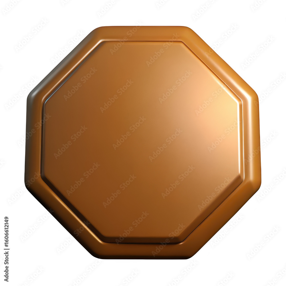 Poster shiny octagonal bronze emblem with subtle texturing and beveled edges isolated on transparent backgr