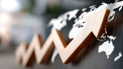 3D arrow over world map showing upward growth trend.