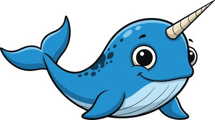 Cute cartoon narwhal swims. Friendly illustration of a tusked whale. Sea creature, happy, ocean, animal, marine life, underwater, mammal, character