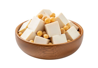 Wooden bowl filled with cubed tofu and soybeans isolated on transparent background