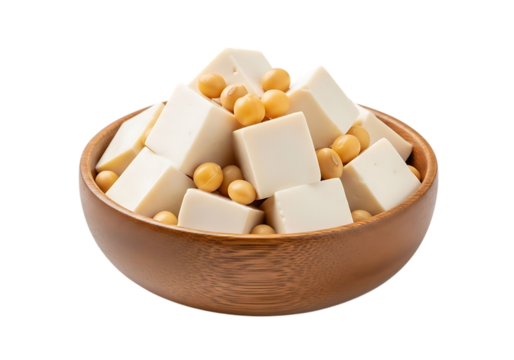 Wooden bowl filled with cubed tofu and soybeans isolated on transparent background