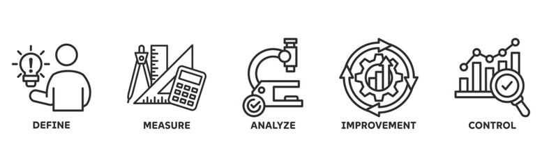 DMAIC icon set illustration concept with icon of define, measure, analyze, improvement, control