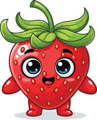 Smiling strawberry character stands. Happy fruit cartoon, cute mascot, food illustration, cheerful, playful, vibrant, animated, healthy eating, kid friendly design.