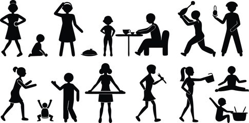 Fototapeta premium Vector art of a collection of diverse silhouette figures engaged in various everyday activities, showcasing human life and interaction isolated on transparent background.