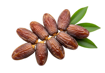 A cluster of ripe medjool dates with green leaves isolated on transparent background