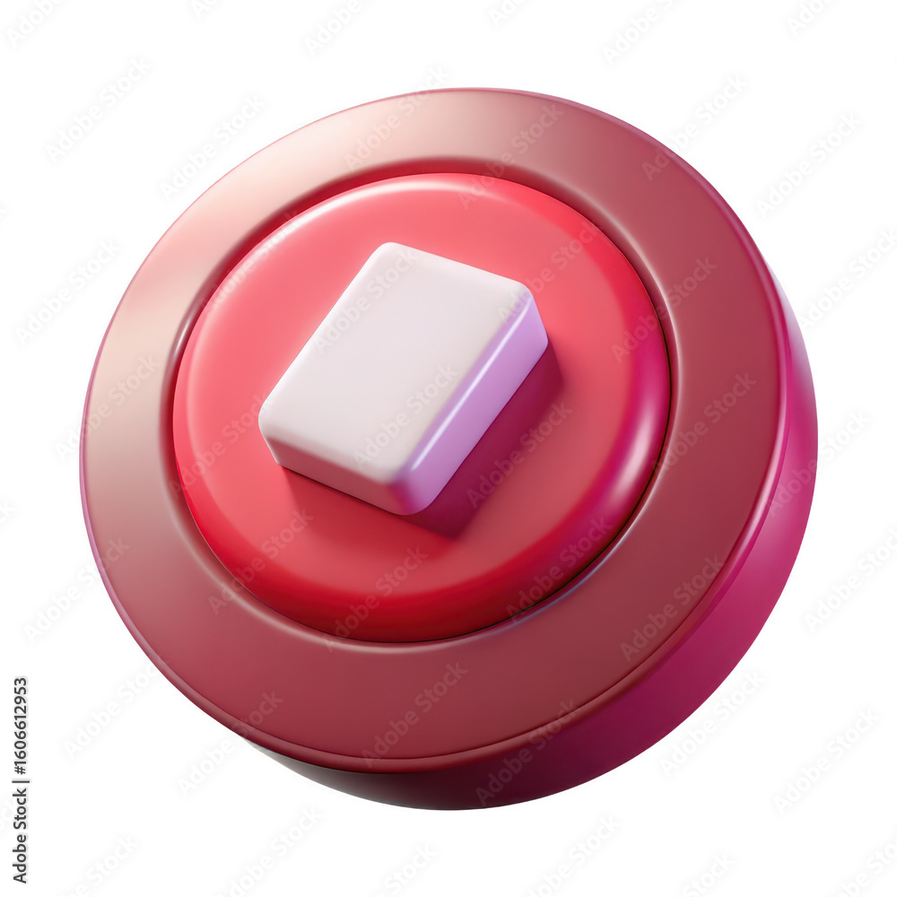 Poster glossy red circular button with a raised white rectangular element isolated on transparent backgroun