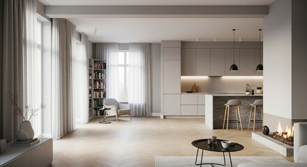 Fototapeta premium Airy Modern Living: Open Concept with Fireplace, Kitchen Island, and Abundant Natural Light
