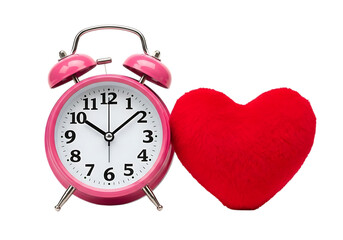Pink alarm clock and red heart symbol isolated on transparent background