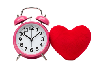 Pink alarm clock and red heart symbol isolated on transparent background