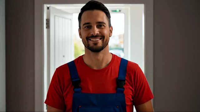 Friendly male handyman in overalls and red t-shirt, smiling as he enters doorway with toolbox. Home repair service. Professional worker, maintenance and customer service concept for banner