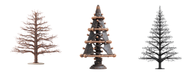 Isolated decorative Christmas trees on transparent background