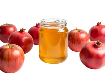 A glass jar filled with golden honey surrounded by ripe red pomegranates isolated on transparent background
