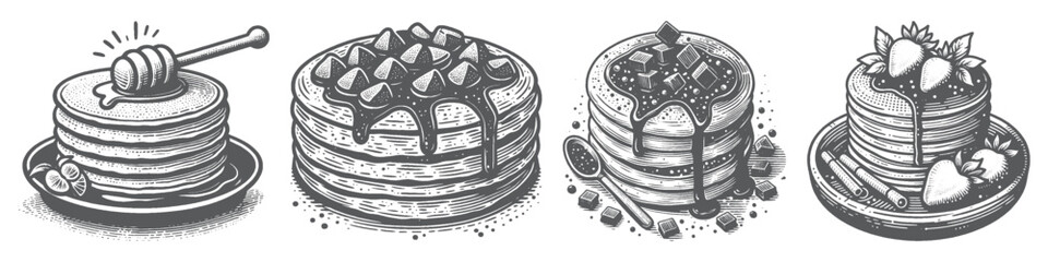 Obraz premium Vintage Hand-Drawn Pancake with Chocolate Collection Illustration, Sweet Dessert Stack Engraved Style Vector for T-Shirts and Breakfast Food Themes Design