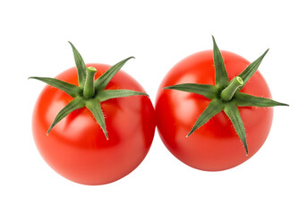Two ripe red tomatoes with green stems isolated on transparent background