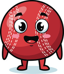 Cartoon cricket ball character smiles. Cute sports, kids, games, fun, happy, adorable, mascot, playful, cheerful, vector