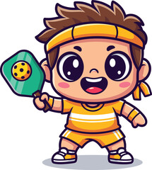 Boy plays pickleball with paddle. Cartoon character, sports, active, game, cute, vector art, illustration, kawaii, happy, energetic, kid-friendly, mascot