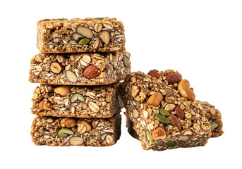 Stack of heart shaped and rectangular granola bars with nuts and seeds isolated on transparent background