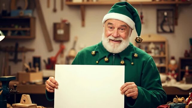 Cheerful senior man with beard, wearing green elf costume and holding blank white sign in toy workshop. Santa's helper. Christmas, holiday and craft concept for banner