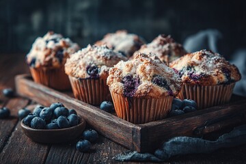 Blueberry muffins dusted in sugar rest on a wooden tray, blue fabric nearby